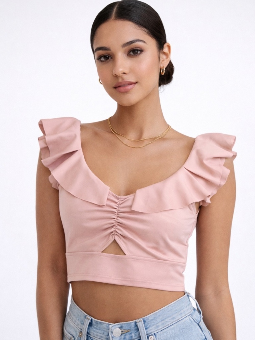 Sleeveless Ruffle Crop Top in Blush Pink